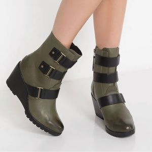 Sorel After Hours Waterproof Leather Wedge Bootie Color Nori Size US 7.5
